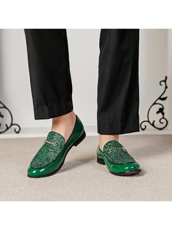 Men\'s Green Rubber Sole Leather Sparkly Sequins Loafers Gold Buckle Party Shoes